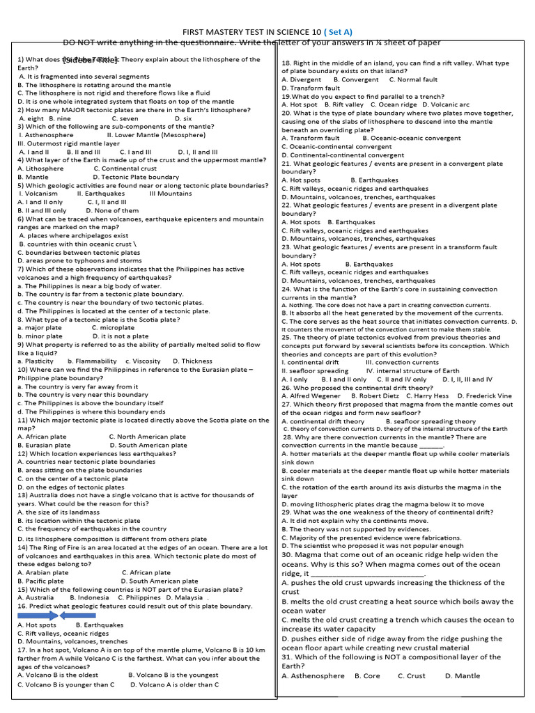First Mastery Test PDF Plate Tectonics Earthquakes