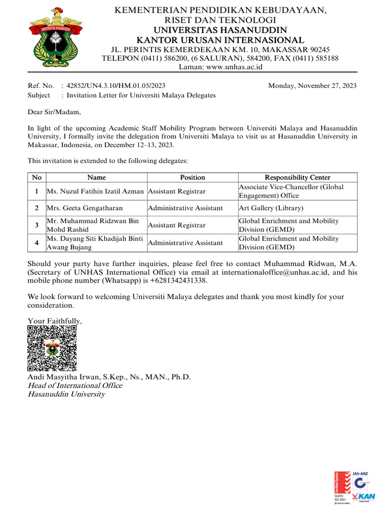 Invitation for Universiti Malaya Visit | PDF