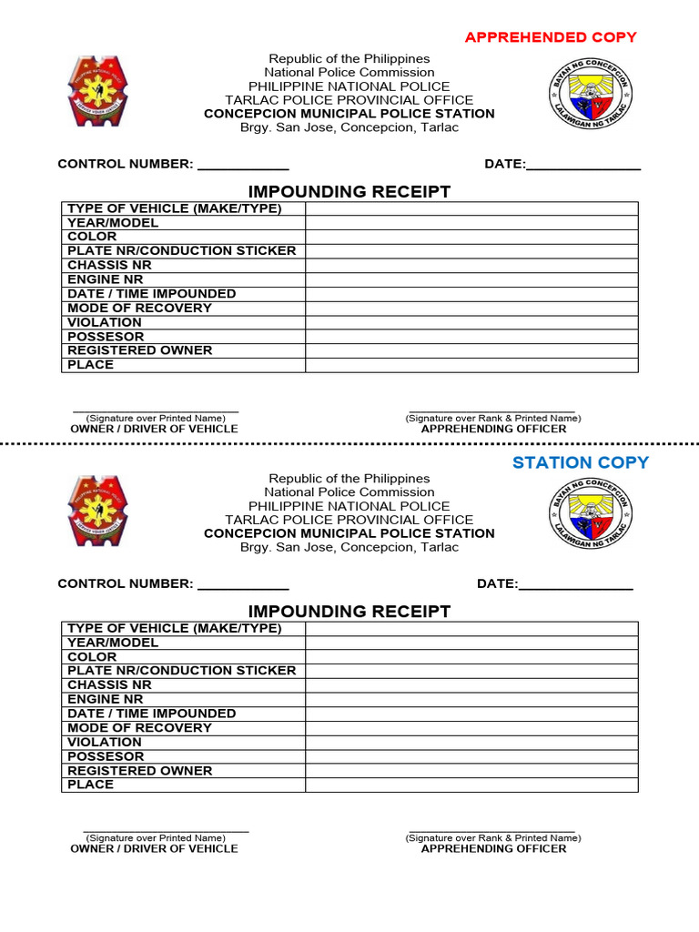 Concepcion Police Impounding Receipt | PDF