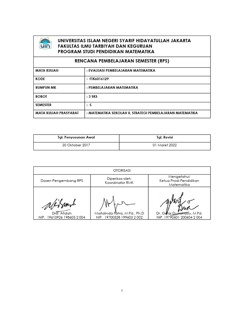 Rps Evaluasi Pembelajaran Matematika Pdf