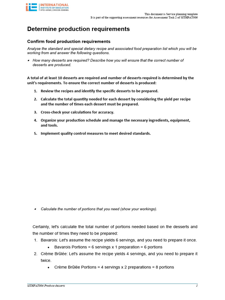 Dessert Production Planning Template | PDF | Desserts | Chocolate
