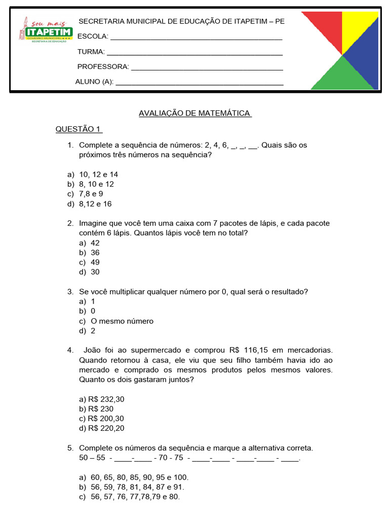 Avaliação de Matematica 3 Ano. | PDF