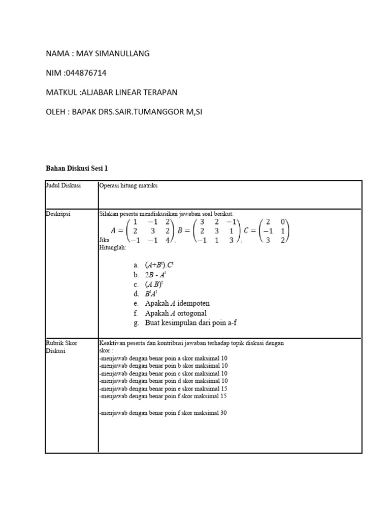Operasi Matriks dalam Aljabar Linear | PDF | Metode & Bahan Ajar