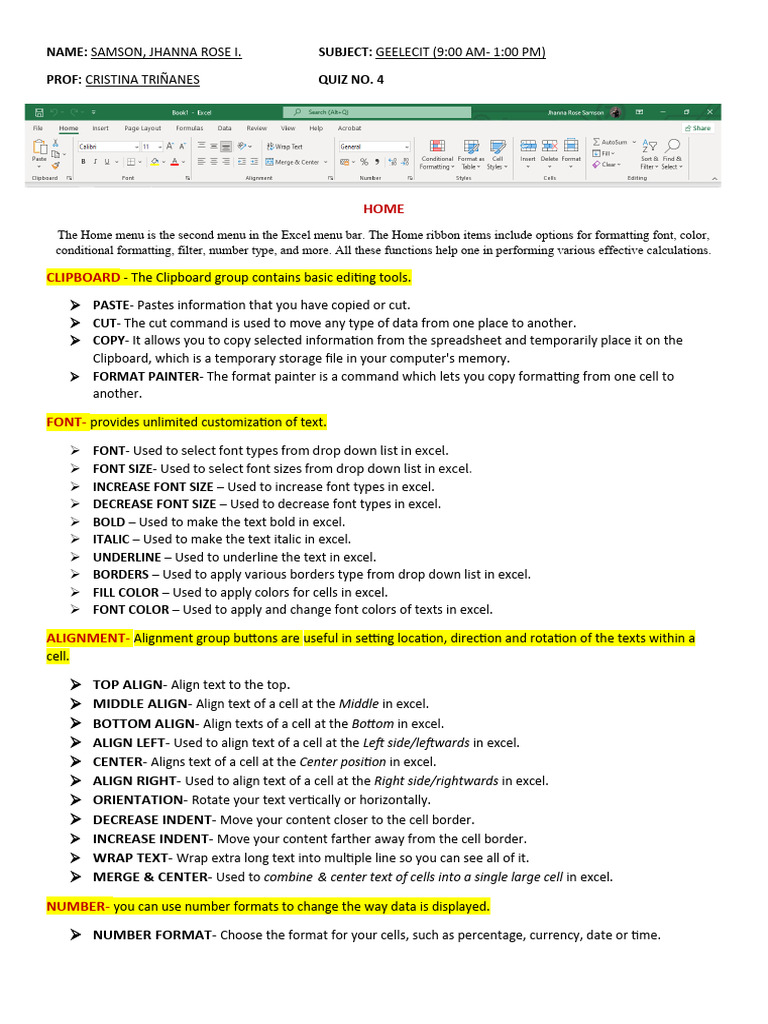 Function of Ribbons in Excel PDF Microsoft Excel Spreadsheet