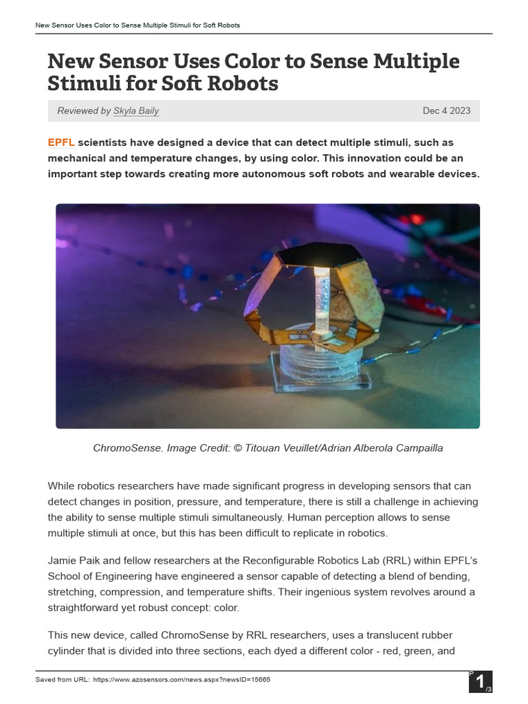 New Sensor Uses Color To Sense Multiple Stimuli For Soft Robots | PDF ...