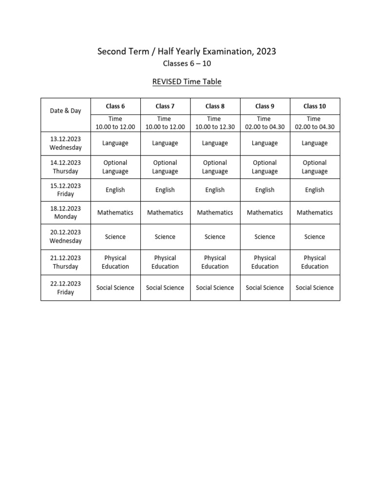 Half Yearly Exam Revised Time Table 6 To 12 | PDF | Engineering | Science