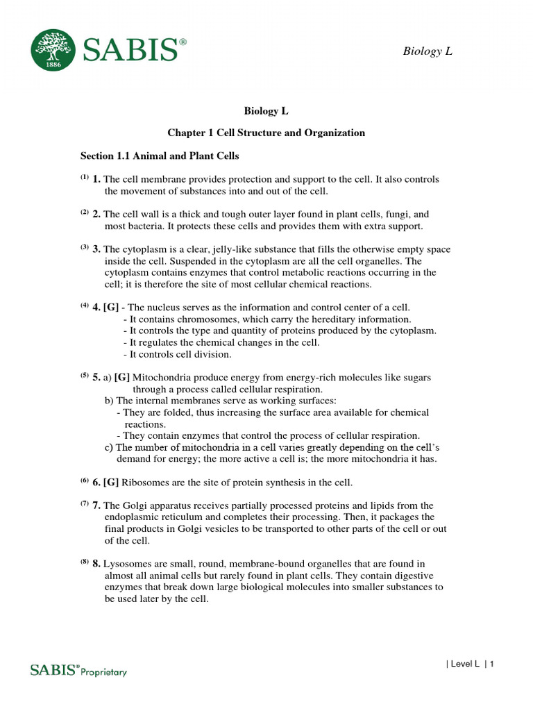Biology Level LIP Course Questions Solution PDF Cellular