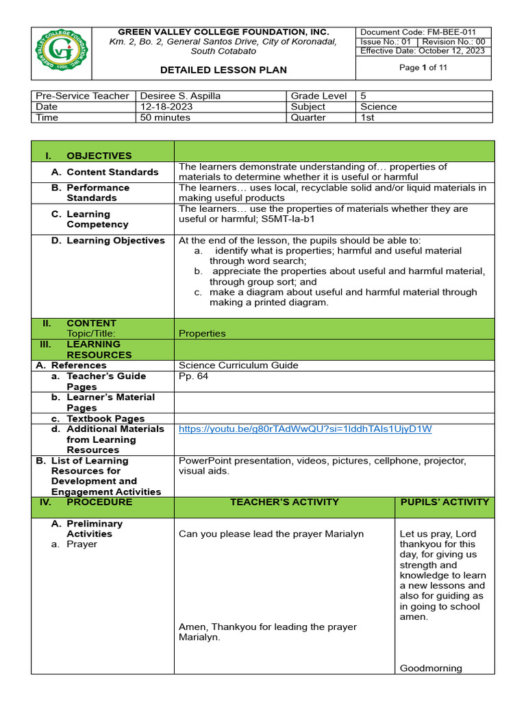 Grade 5 Science Lesson Plan on Materials | PDF | Lesson Plan | Plastic