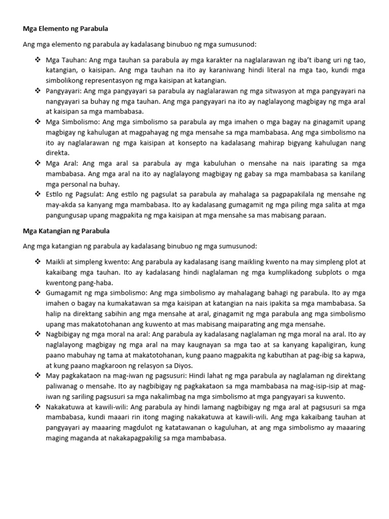 Mga Elemento NG Parabula | PDF
