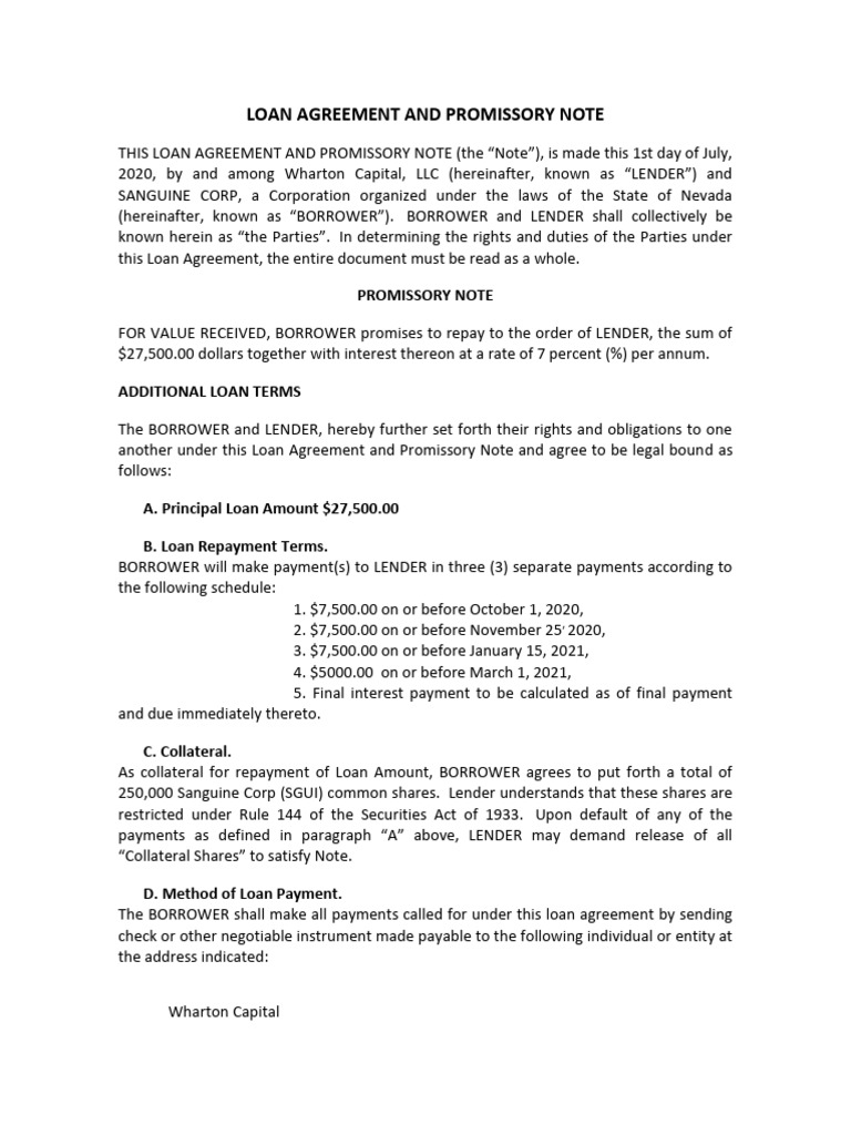 Promissory Note For Loan Agreement – BEKW