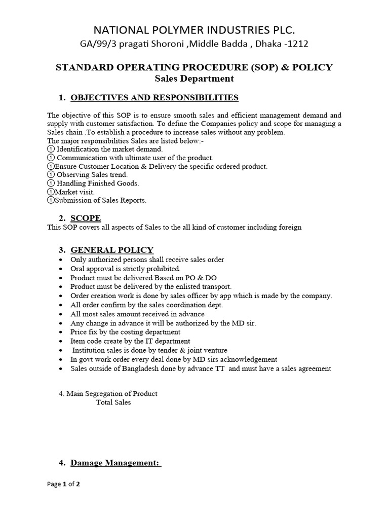 Sales SOP PDF Sales Delivery (Commerce)