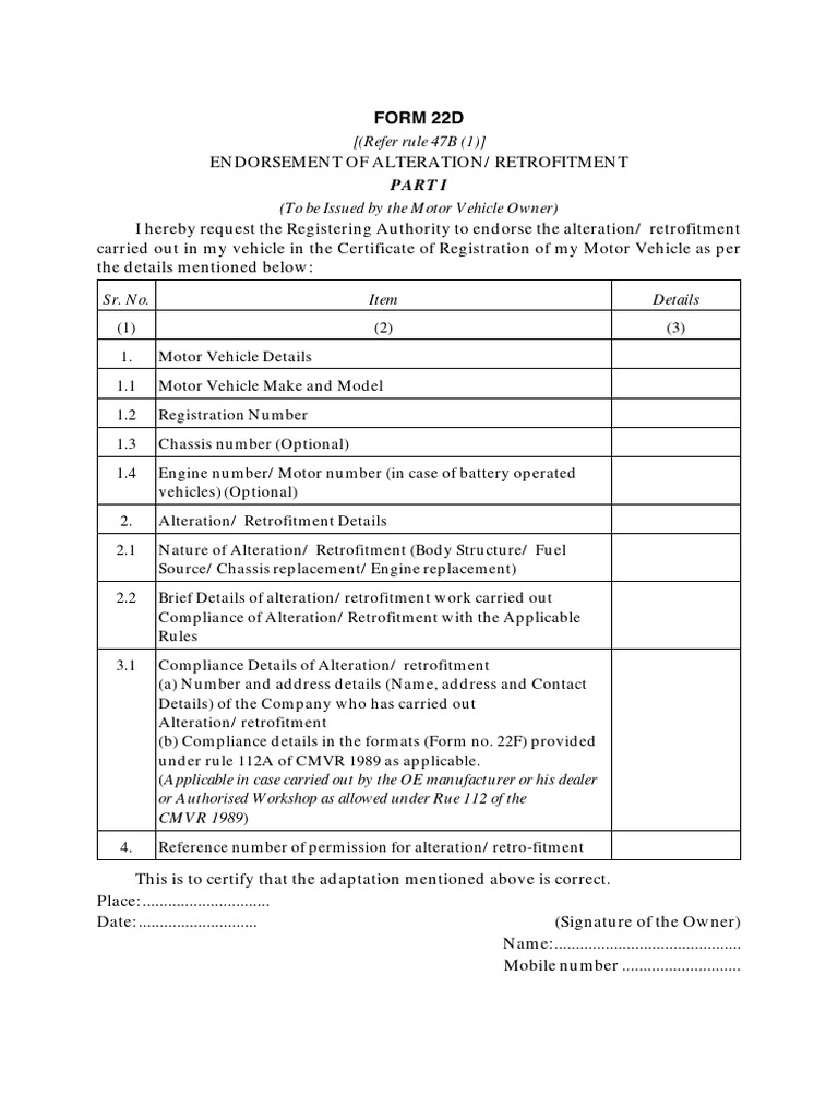 Form 22D: Vehicle Alteration Endorsement | PDF | Vehicles | Vehicle ...