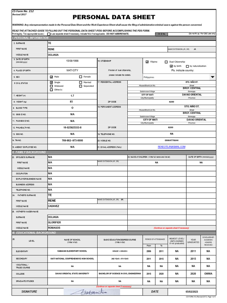 Personal data sheet pdf