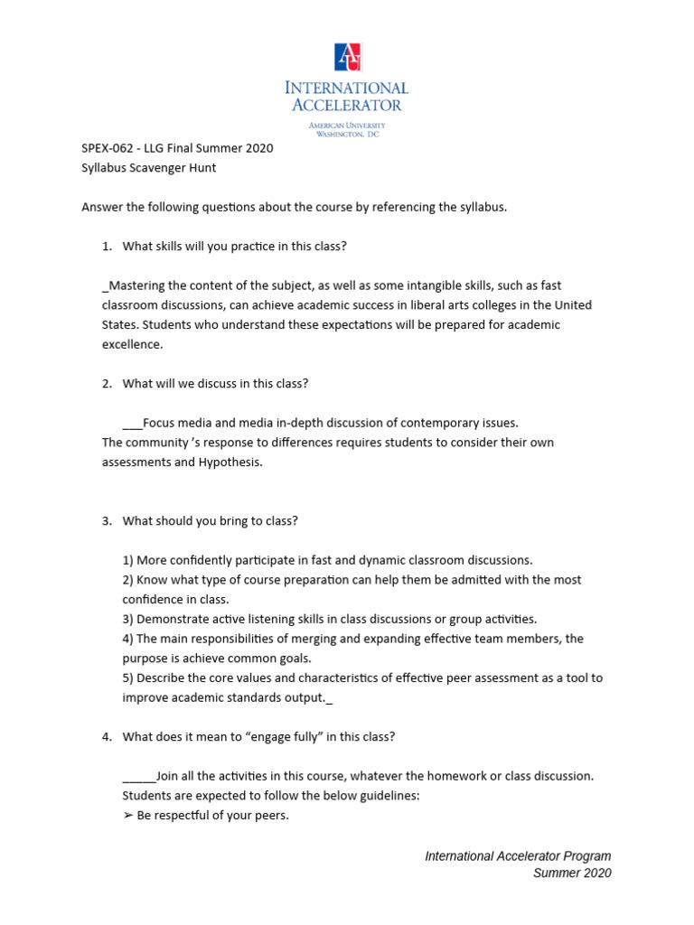 1b Syllabus Scavenger Hunt PDF Pedagogy Cognition