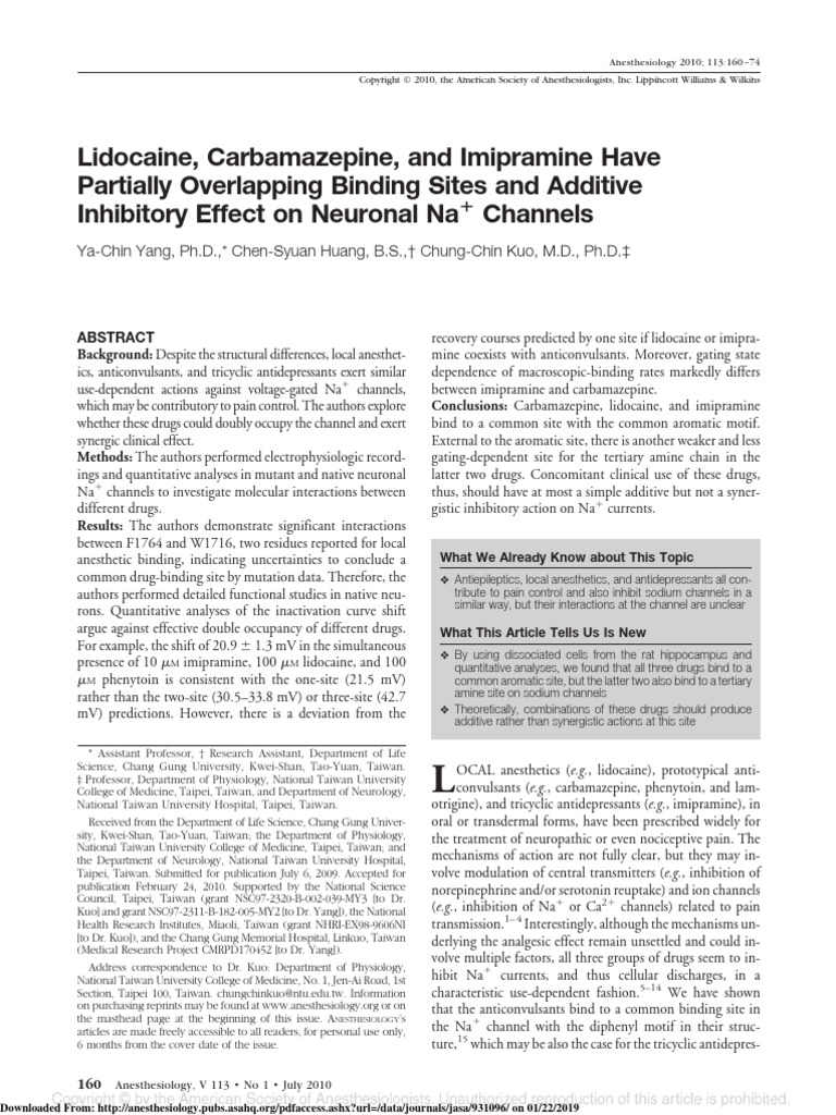 Lidocaine, Carbamazepine, and Imipramine Have Partially Overlapping