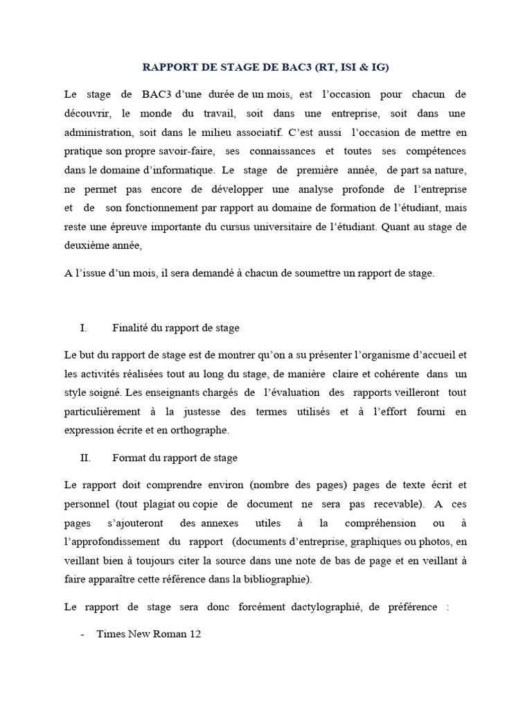 Rapport de Stage BAC3 : Guide Pratique | PDF