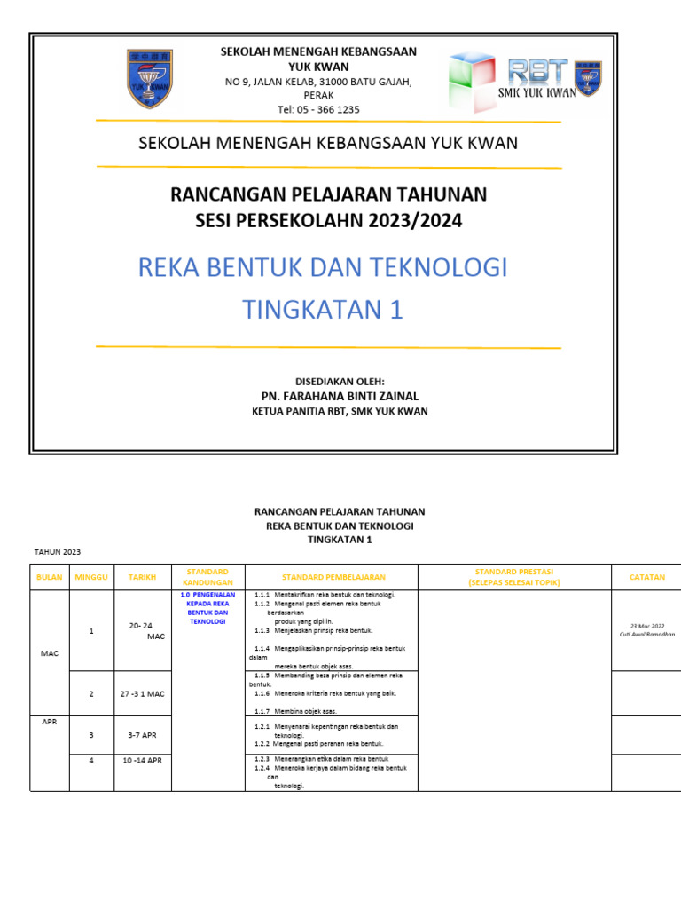 Rancangan Pelajaran RBT Tingkatan 1 2023 | PDF | Seni | Komputer