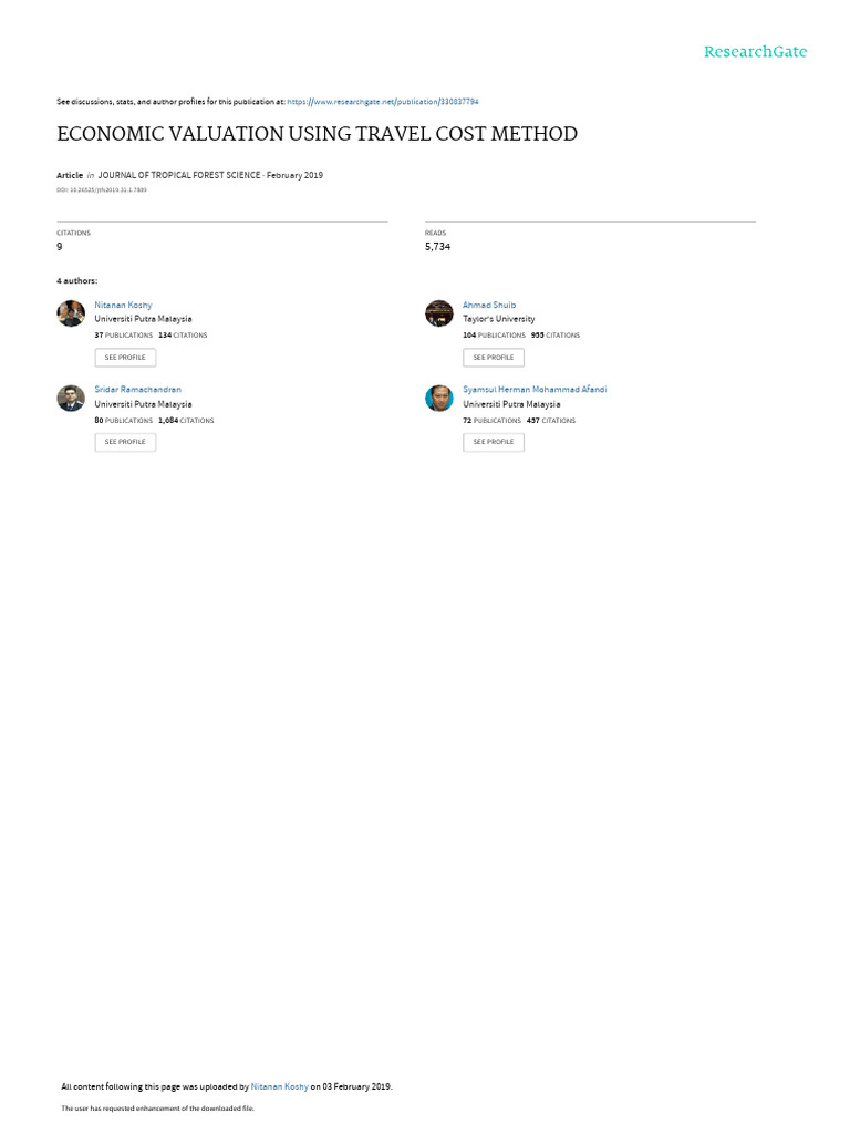 Economic Valuation Using Travel Cost Method Pdf Demand Regression