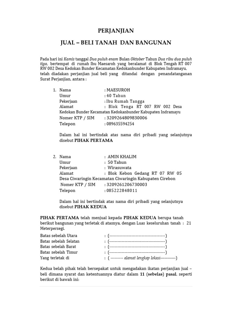 Perjanjian Jual Beli Tanah dan Bangunan | PDF