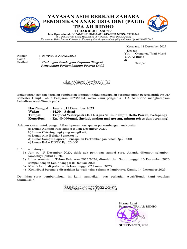 Surat pembagian raport semester gasal 2023 pdf