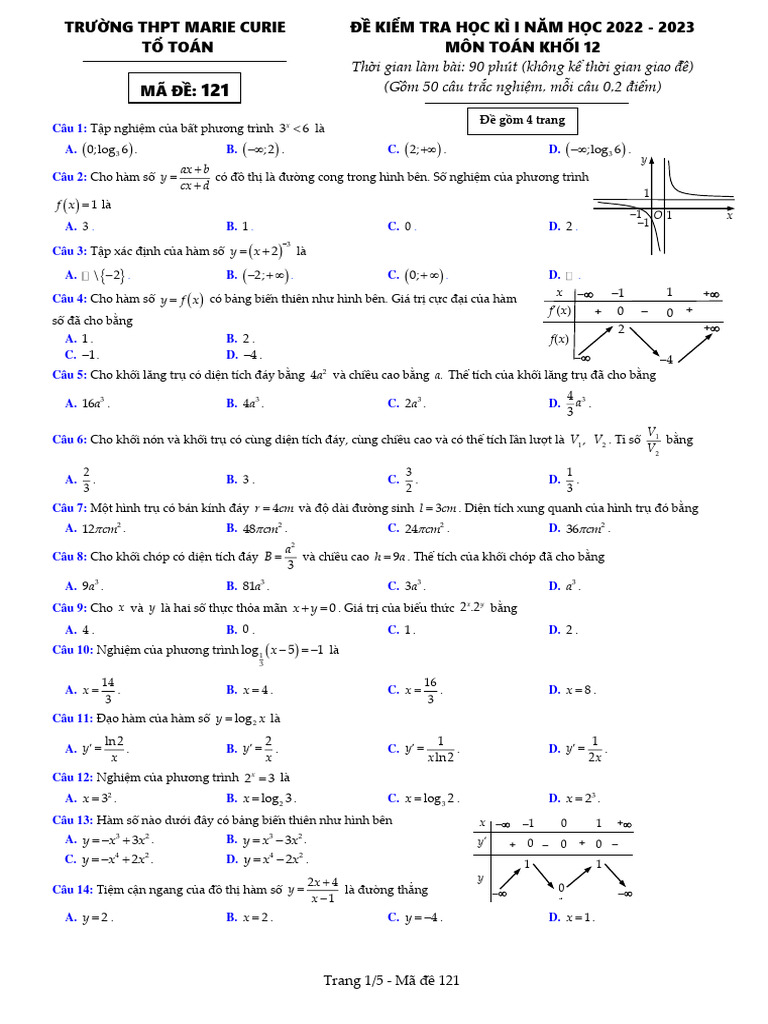 Toan12 MarieCurie Deda Matran Marie THPT1 | PDF