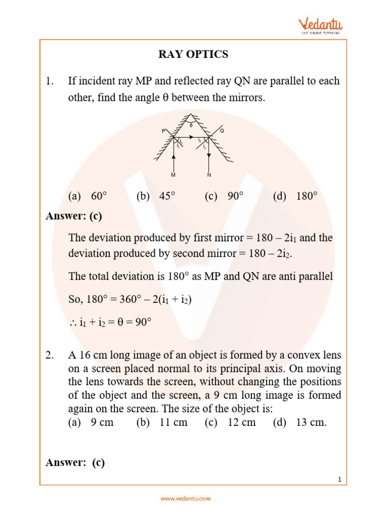NEET Ray Optics Important Questions Free PDF Download PDF
