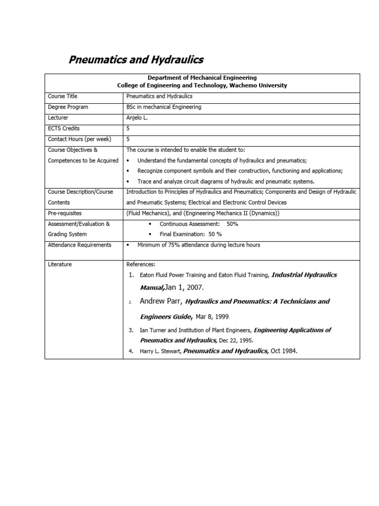 Pneumatics and Hydraulics COURSE OUTLINE PDF