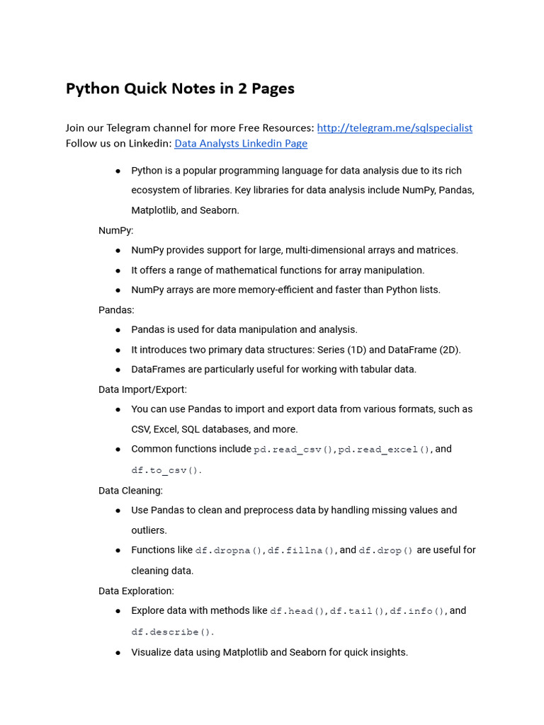 Python Quick Notes | PDF | Data Analysis | Data
