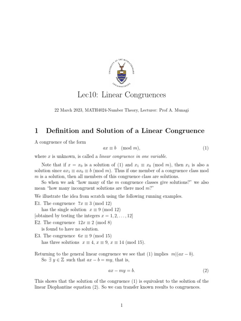 Lec10 Linearcongruence Pdf Mathematical Concepts Arithmetic