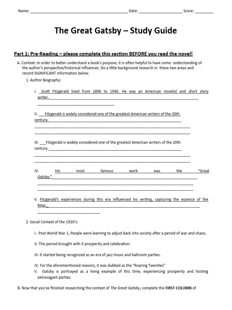 Gatsby Study Guide Pdf The Great Gatsby