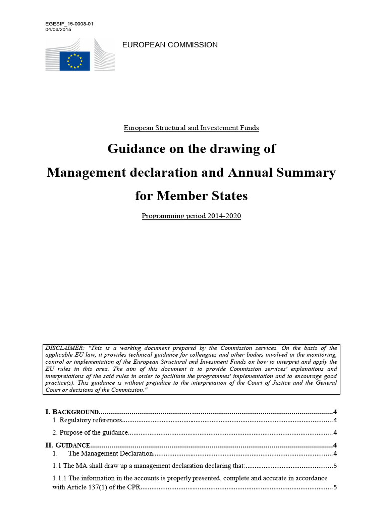 Guidance on Management Declaration for ESIF | PDF | Audit | Auditor's ...