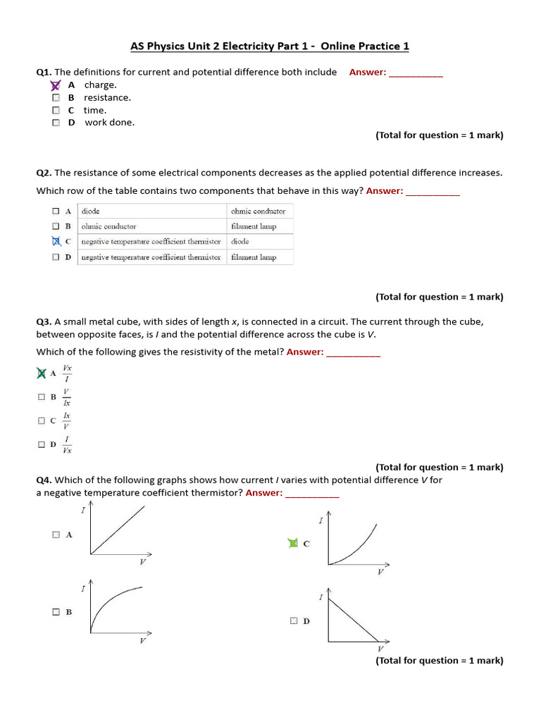 Physics Unit 2 Electricity Part 1 - Online Practice 1 | PDF