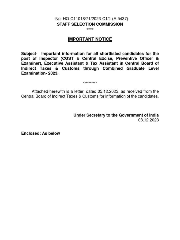 CGL 2023 CBIC Document Verification Notice | PDF | Government | Taxes