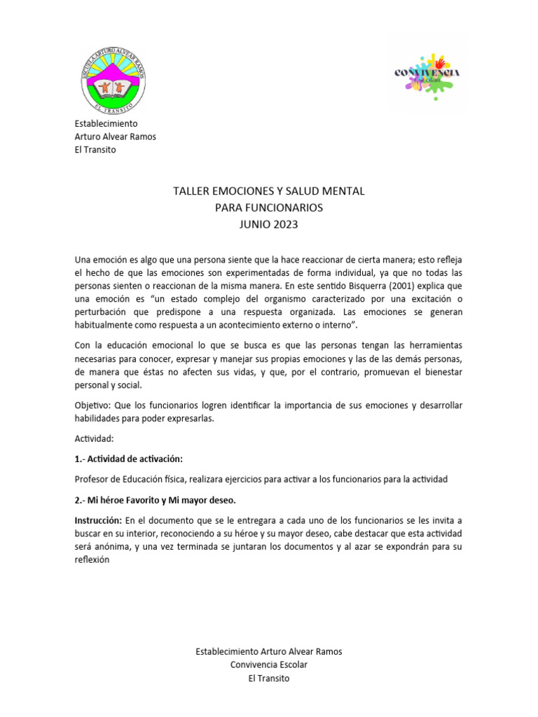 Taller Emociones y Salud Mental 2023 | PDF | Las emociones | Salud mental