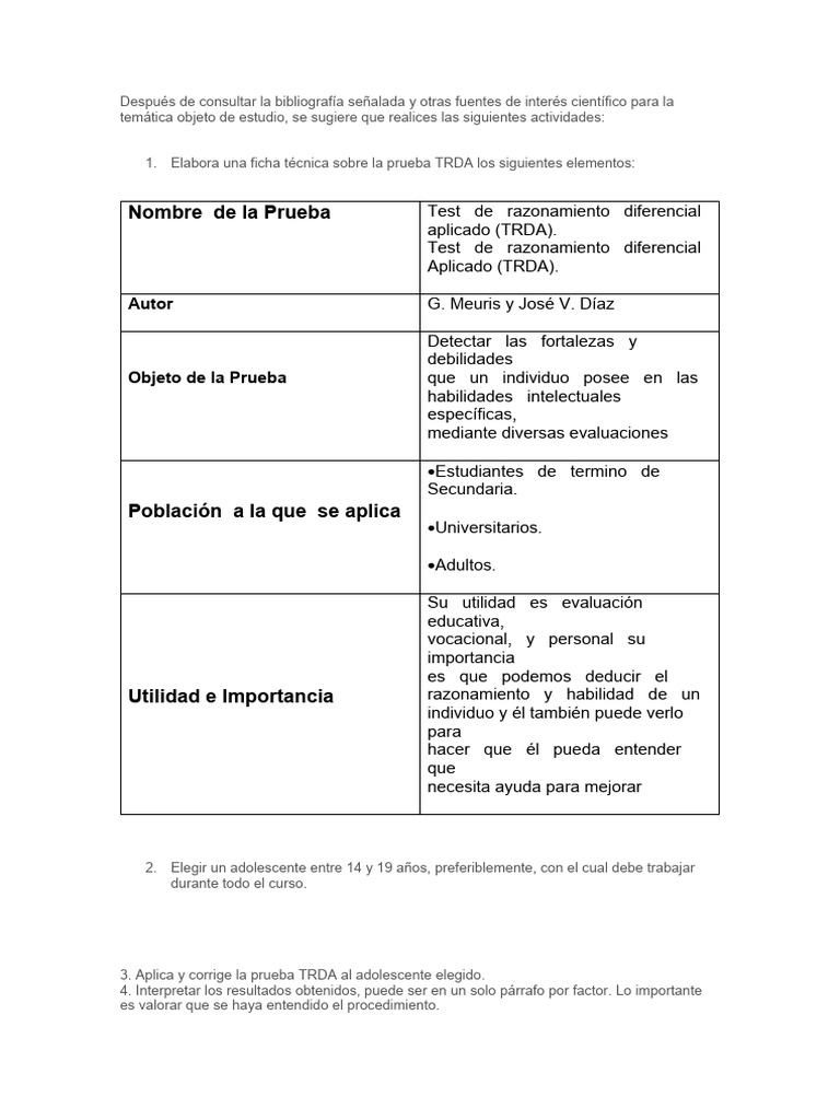 Actividades para aplicar el TRDA | PDF | Cognición | Aprendizaje