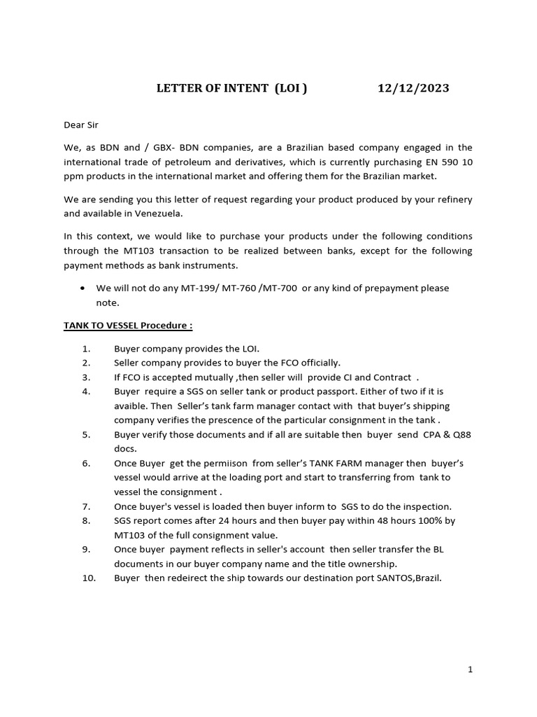 LOI for EN590 Diesel Procurement | PDF | Sales | Procurement