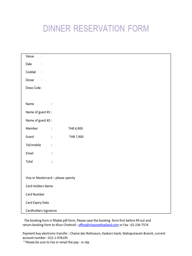 Dinner Reservation Form PDF