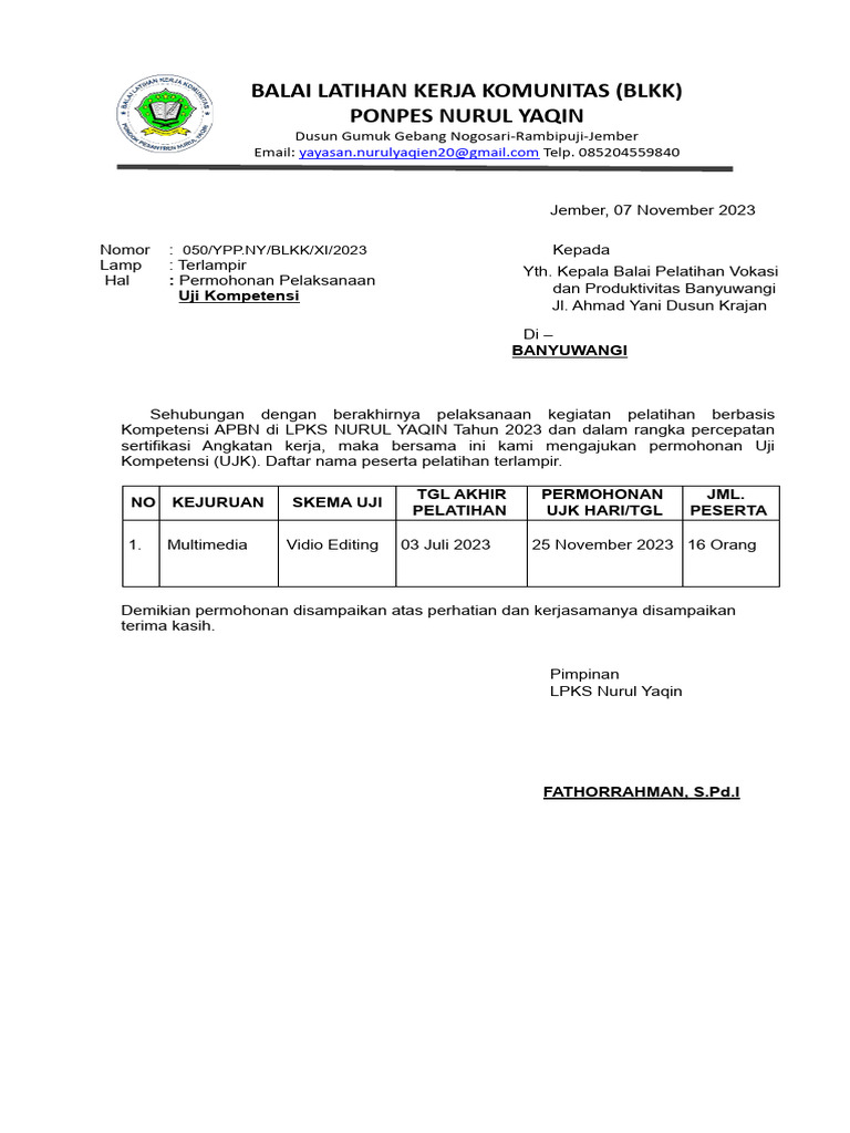 Permohonan Ujk BLKK Nurul Yaqin 2023 | PDF