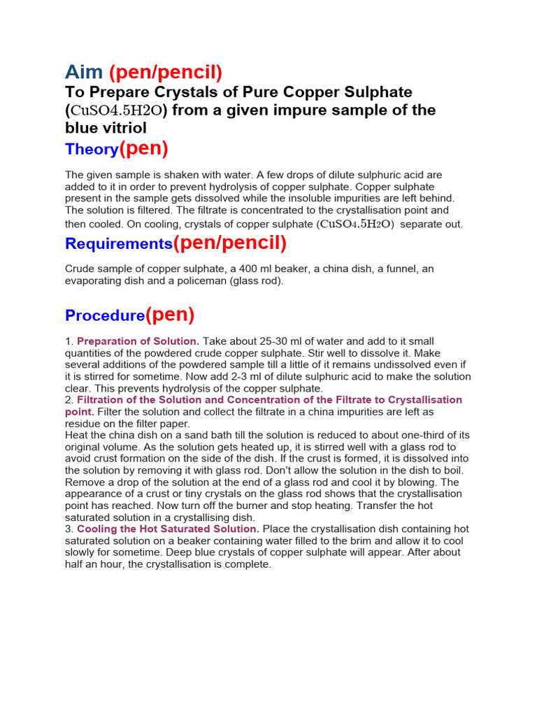 Experiment 3 Crystallisation Of Impure Copper Sulphate Pdf