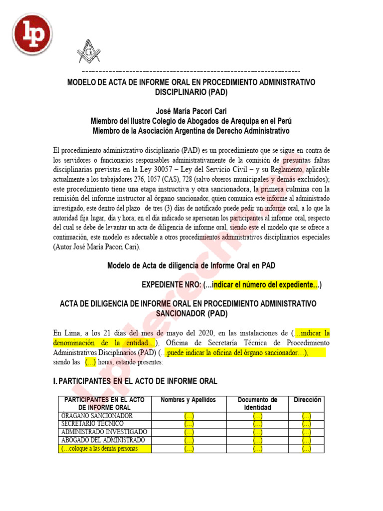 Modelo de Acta Informe Oral en PAD | PDF | Justicia | Crimen y violencia