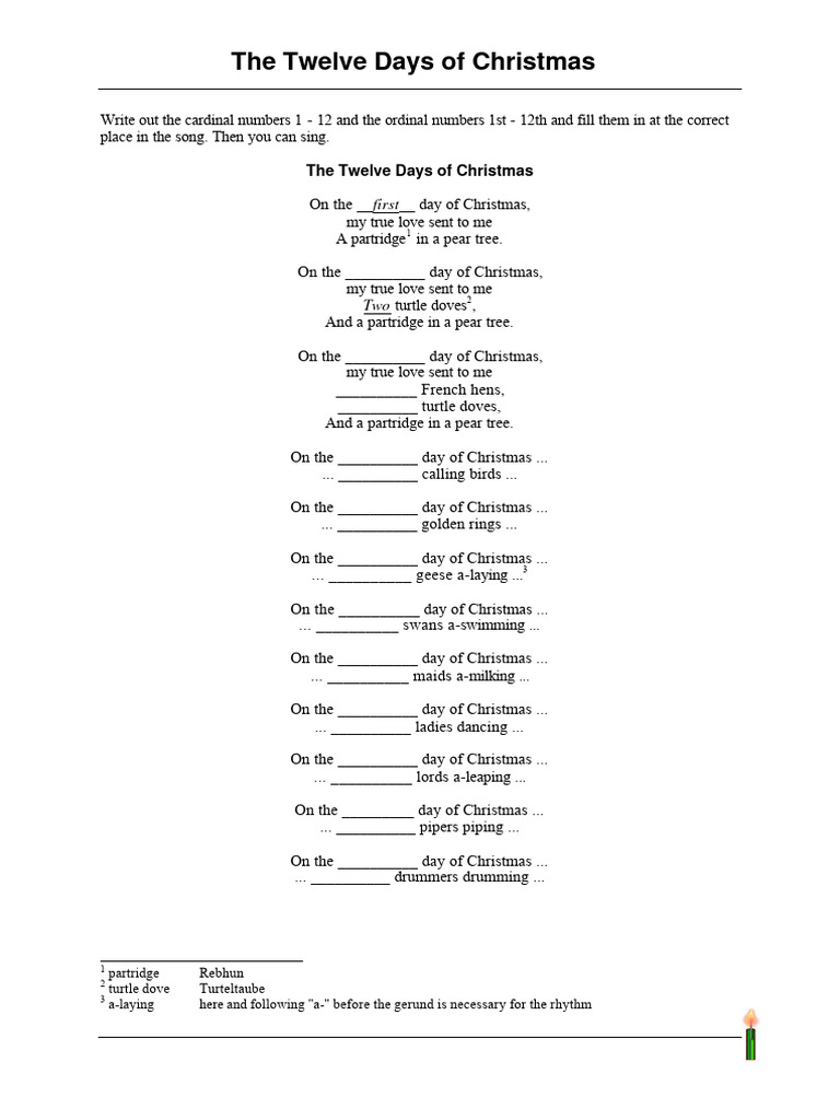 worksheet 12 days of christmas PDF Christmas
