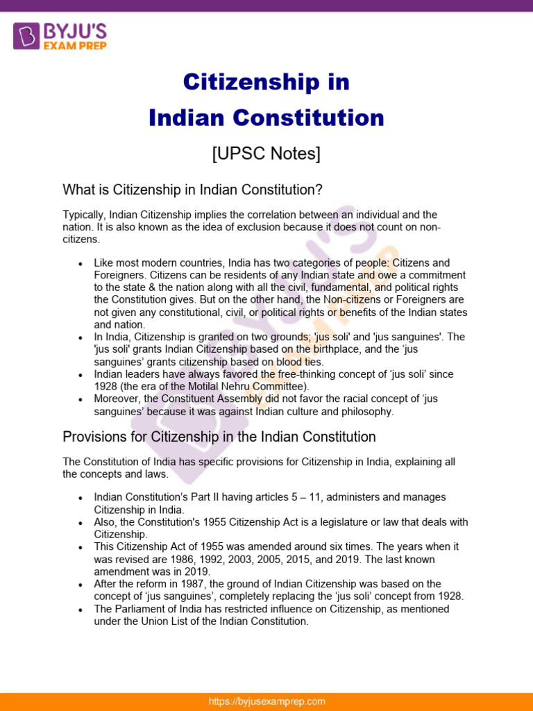 Citizenship Provisions in Indian Constitution | PDF | Citizenship ...