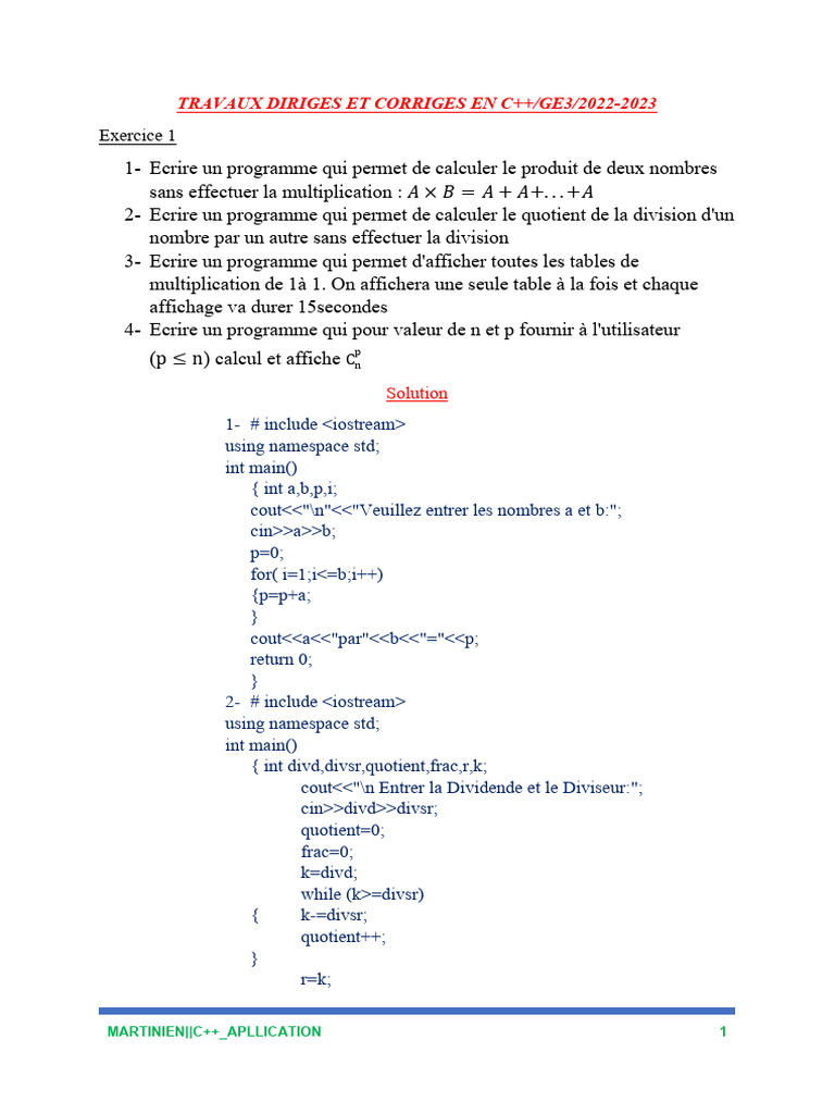 Exercices Corrigés en C++ pour Débutants | PDF | C ++ | Développement ...