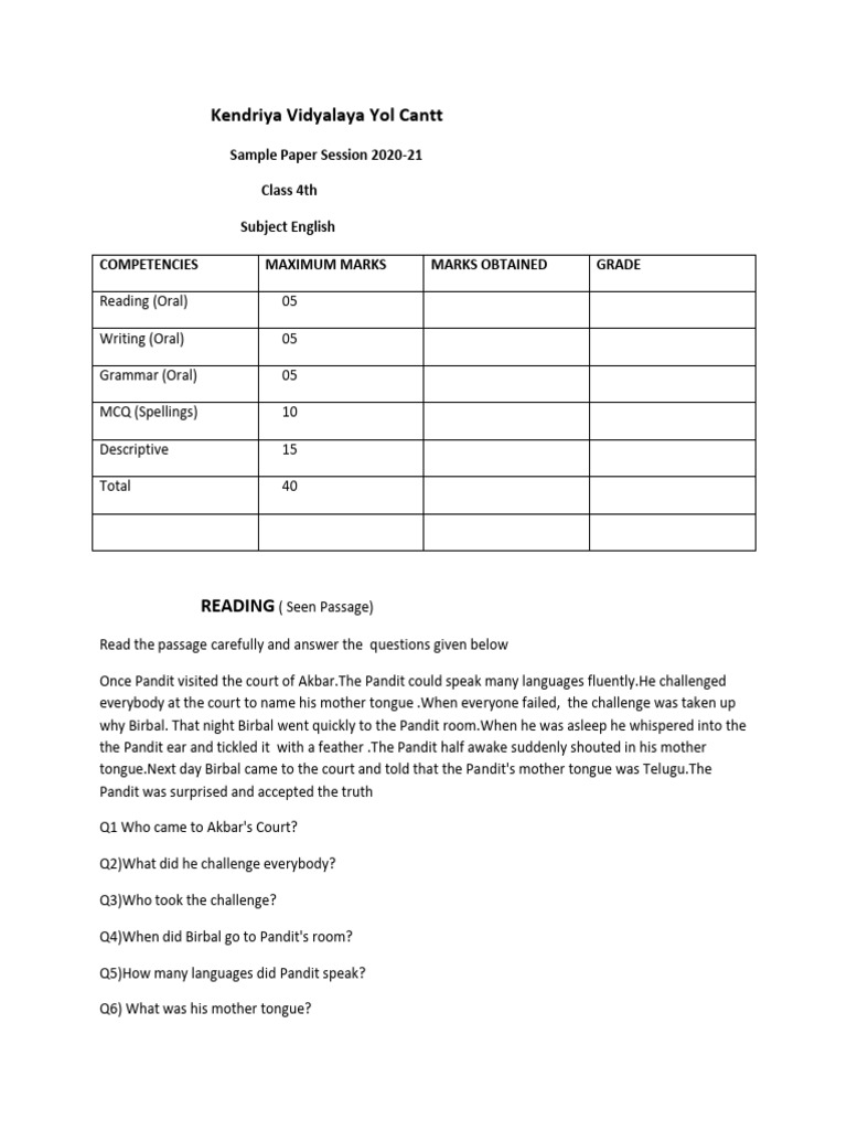 Class 4 Olympiad English Sample Paper | PDF | Human Communication ...