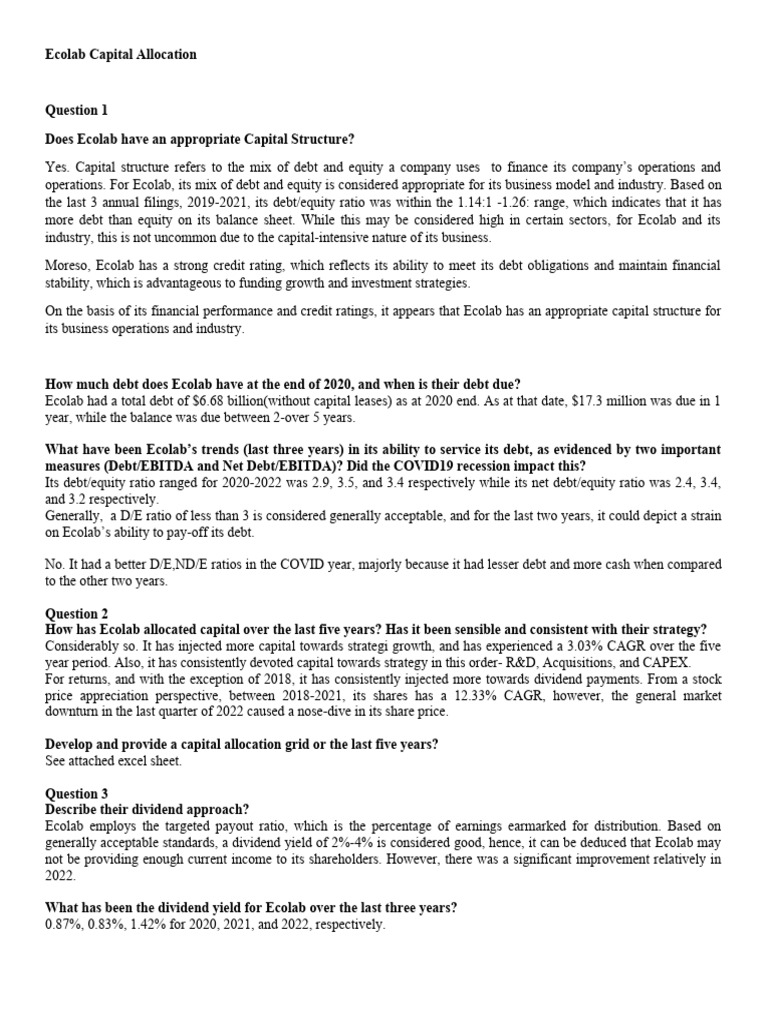 Ecolab Capital Allocation Strategy PDF Capital Structure Debt