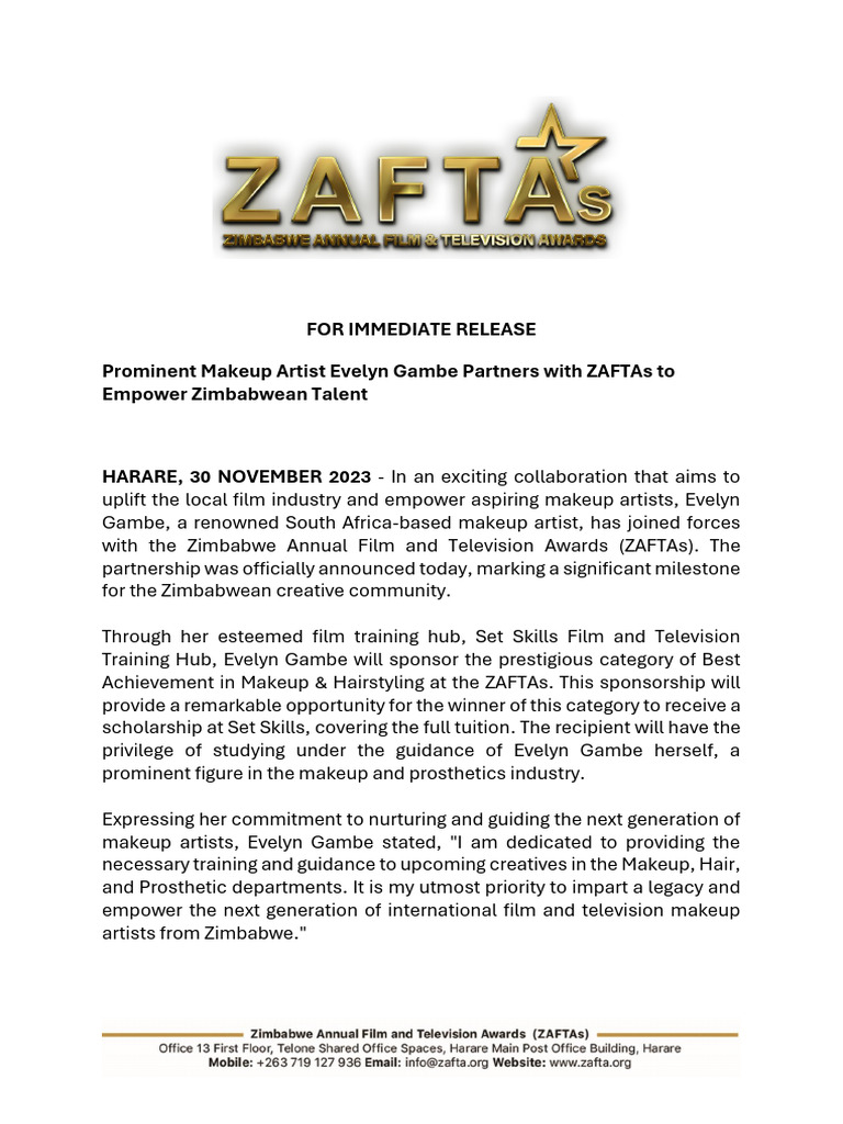 Press Release Prominent Makeup Artist Evelyn Gambe Partners with ZAFTAs to Empower Zimbabwean