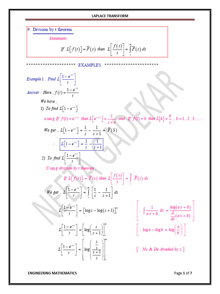 Unit - IV Laplace Transform - Division by T Theorem | PDF ...