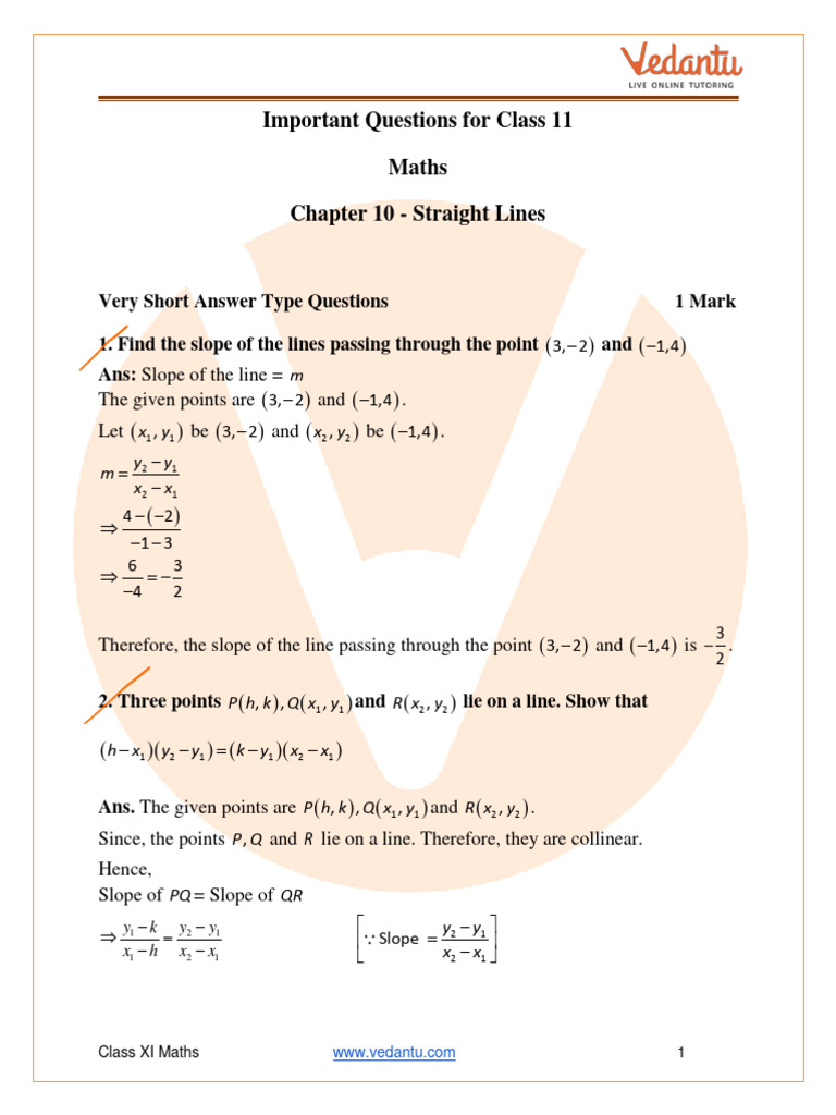 CBSE Class 11 Maths Chapter 10 - Straight Lines Important Questions ...