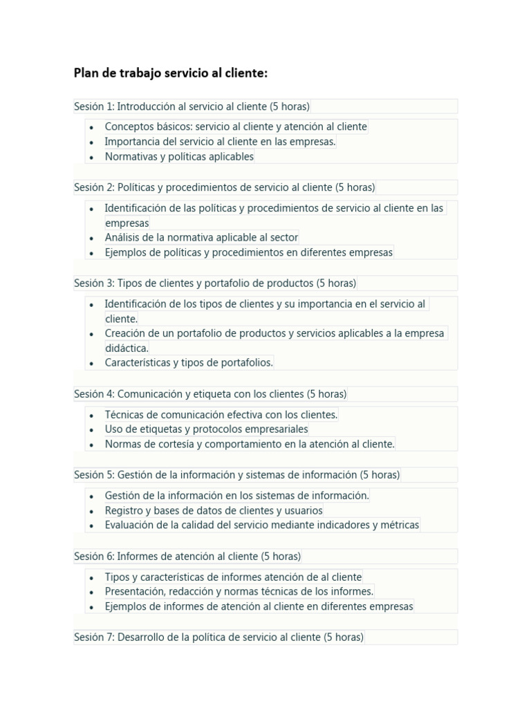 Plan de Trabajo en Servicio al Cliente | PDF | Servicio al Cliente ...