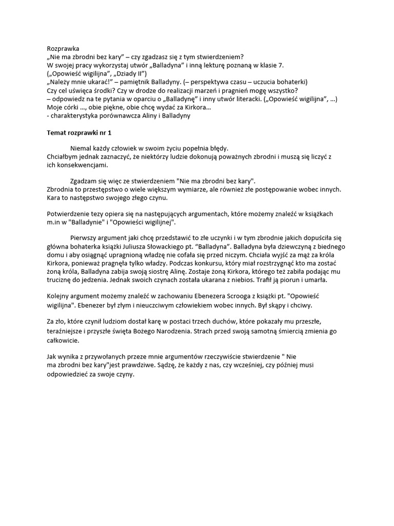 Balladyna - Rozprawka | PDF